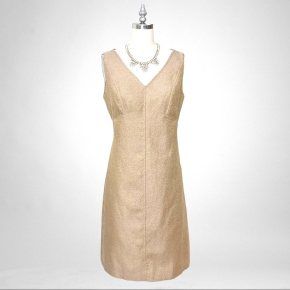 Talbots Gold Metallic Linen V Neck Sleeveless Sheath Dress 6 Small - Picture 10 of 10